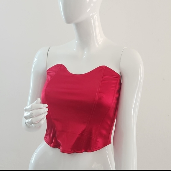 Tops - Red Satin Strapless Crop Top Bold & Chic Size Medium